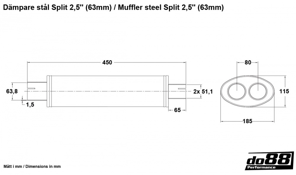 Schalldämpfer Stahl Split 2/2,5\'\' (51/63mm) Schalldämpfer Stahl Split 2/2,5\'\' (51/63mm)