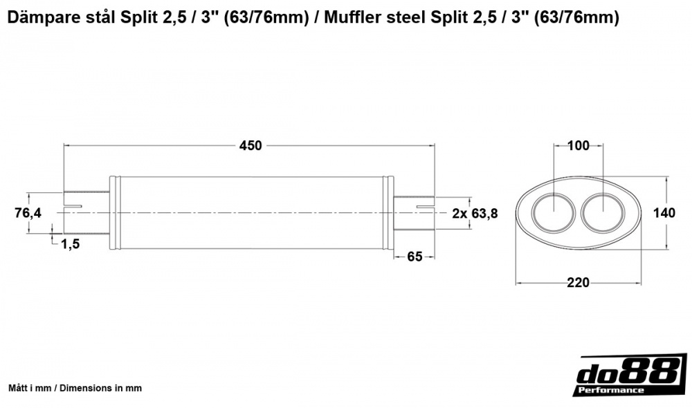 Schalldämpfer Stahl Split 2,5 / 3'' (63/76mm)